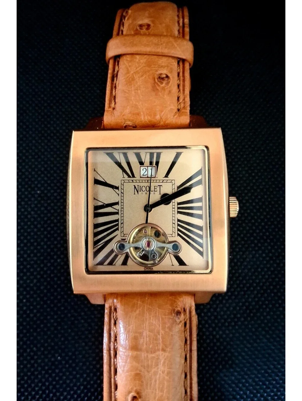 RARE Authentic Nicolet NT322028 Ostrich Leather Mechanical Automatic Men's Watch